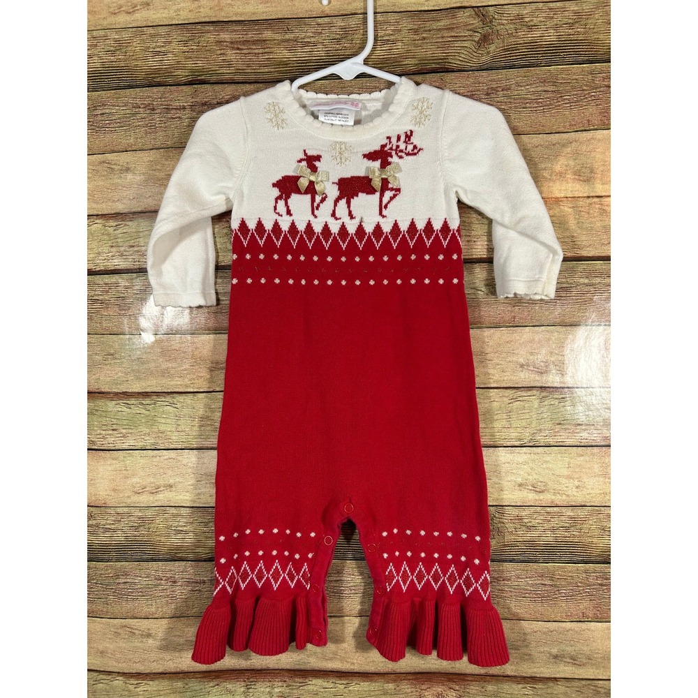Bonnie Baby Christmas Holiday Reindeer Sweater Knit Romper Jumpsuit 6-9 Months